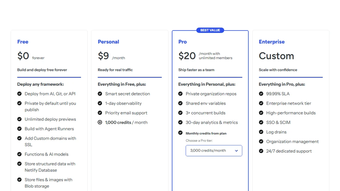 Netlify 요금 페이지 요금제 칸 — Free $0 forever, Personal $9/month, Pro $20/month, Enterprise Custom
