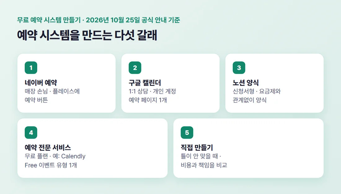 예약 시스템을 만드는 다섯 갈래 — 네이버 예약, 구글 캘린더 약속 일정, 노션 양식, Calendly 무료 플랜, 직접 만들기 (각 공식 안내 기준)