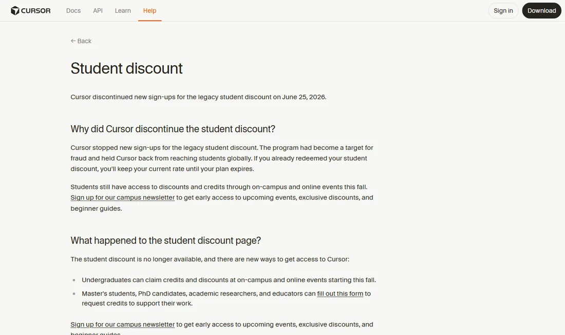 커서 공식 도움말 Student discount 화면 — 2026년 6월 25일 학생 할인 신규 가입 중단 안내