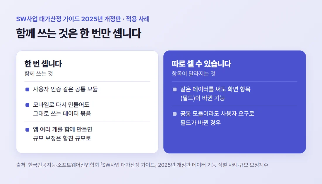 한 번 세는 것 — 공통 로그인, 그대로 쓰는 데이터 묶음 / 따로 셀 수 있는 것 — 항목(필드)이 바뀐 화면과 공통 기능