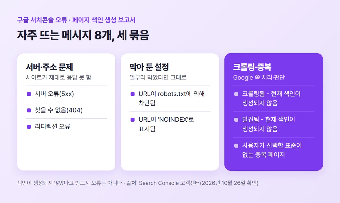 구글 서치콘솔에 자주 뜨는 메시지 8개를 서버·주소 문제, 막아 둔 설정, 크롤링·중복 세 묶음으로 나눈 정리 (Search Console 고객센터 기준)