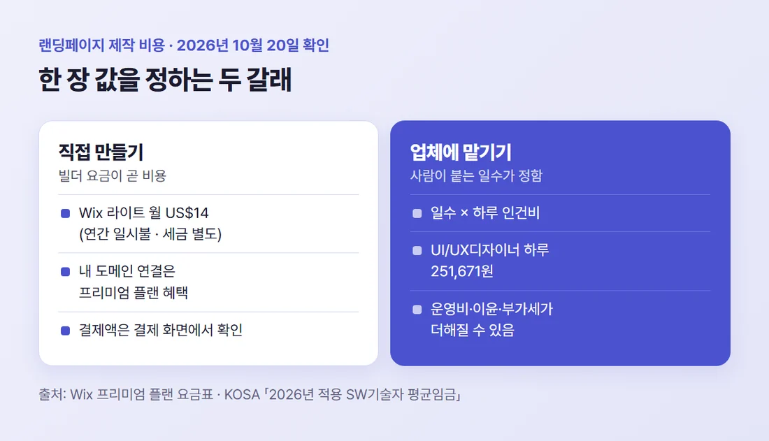 랜딩페이지 비용을 정하는 두 갈래 — 직접 만들면 빌더 요금, 맡기면 일수 곱하기 하루 인건비