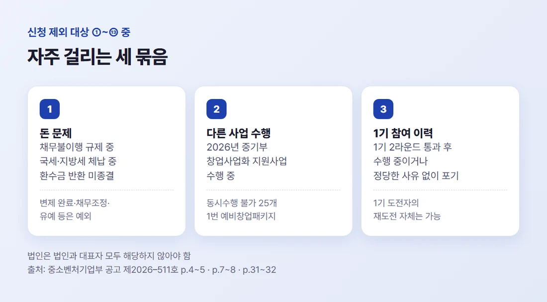 신청 제외 대상을 돈 문제, 다른 사업 수행, 1기 참여 이력 세 묶음으로 나눈 정리