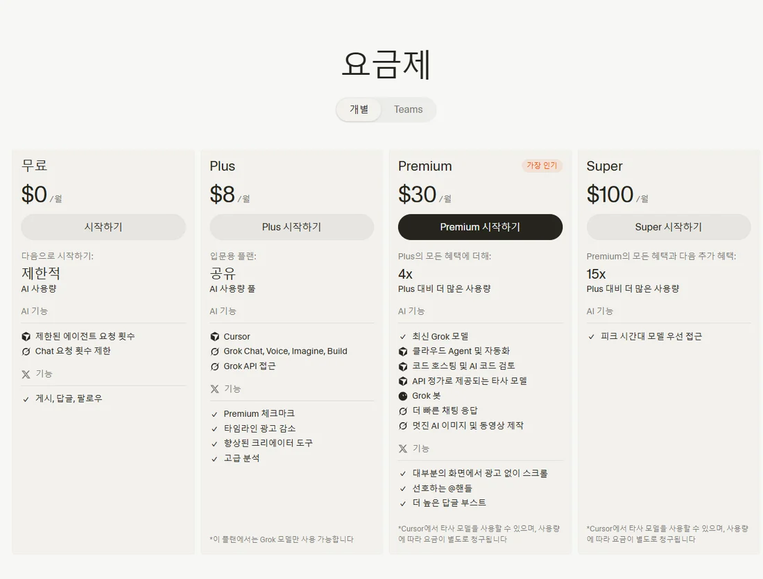 커서 공식 한국어 요금표 화면 — 무료, Plus, Premium, Super 네 칸