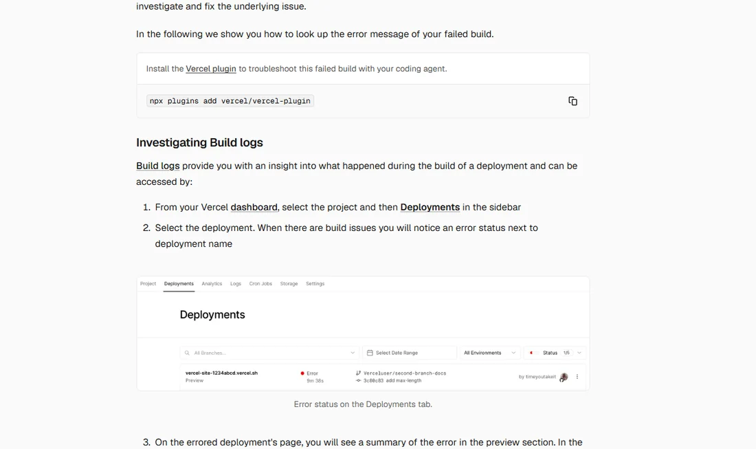 Vercel 문서 Troubleshooting Build Errors의 Investigating Build logs 부분 — Deployments에서 오류 표시가 붙은 배포를 고르는 순서