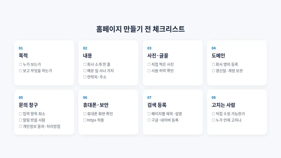 홈페이지 만들기 전 체크리스트 8가지: 목적, 내용, 사진·글꼴, 도메인, 문의 창구, 휴대폰·보안, 검색 등록, 고치는 사람