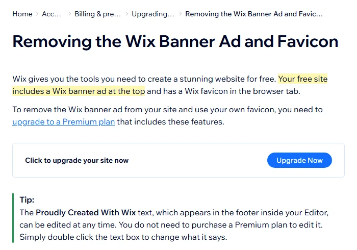 Wix 고객센터 「Removing the Wix Banner Ad and Favicon」 화면 (2026년 10월 21일)