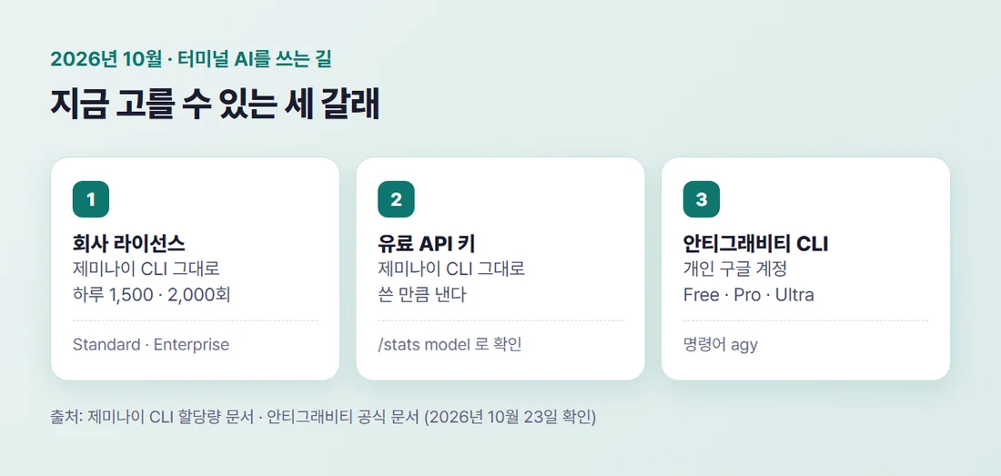 2026년 10월 터미널 AI를 쓰는 세 갈래 — 회사 라이선스와 유료 API 키는 제미나이 CLI 그대로, 개인 계정은 안티그래비티 CLI