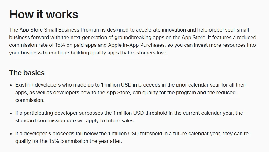 애플 App Store Small Business Program 안내 화면 — 유료 앱과 인앱 결제에 15% 수수료, 전년 수익 100만 달러까지인 개발자와 새 개발자가 대상