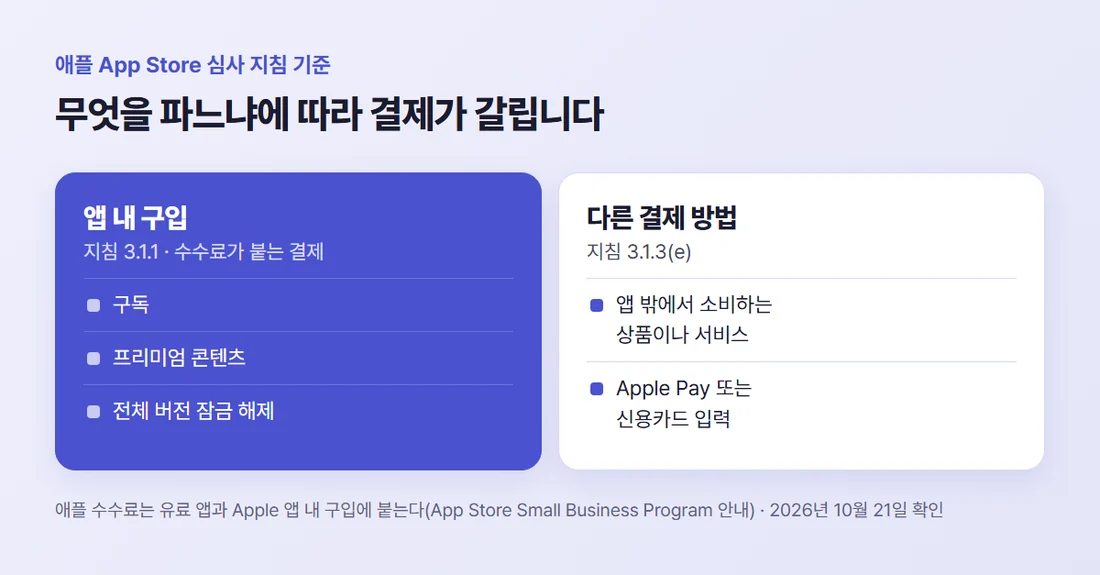 애플 심사 지침 기준 결제 구분 — 앱 안에서 여는 기능은 앱 내 구입, 앱 밖에서 쓰는 상품과 서비스는 다른 결제 방법