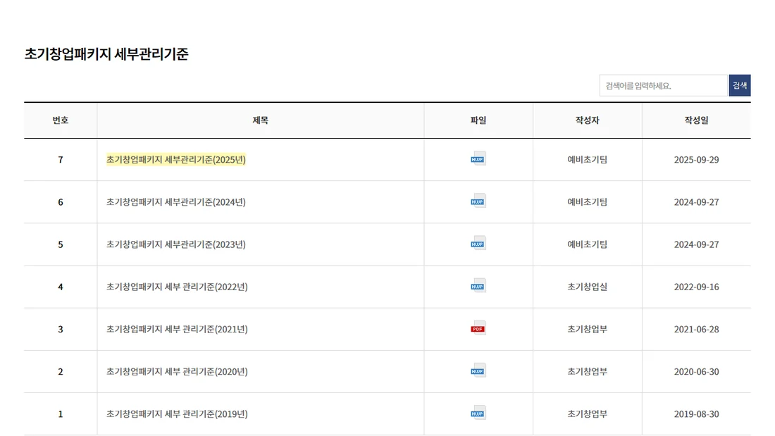 창업진흥원 사전정보공표 초기창업패키지 세부관리기준 목록 화면 (2026년 10월 26일)