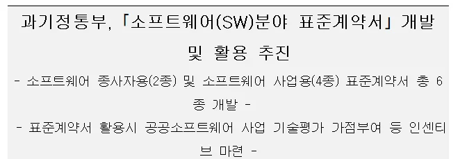 과학기술정보통신부 보도자료 소프트웨어 분야 표준계약서 개발 및 활용 추진 화면, 종사자용 2종과 사업용 4종 표준계약서 총 6종 개발 (2026년 10월 23일)