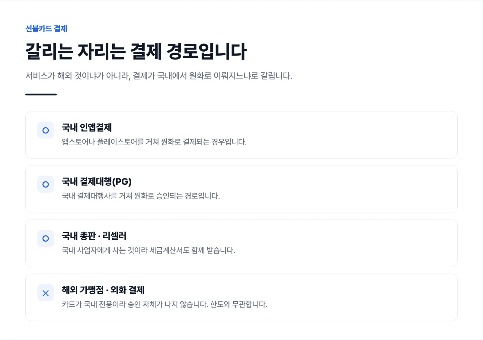 국내 인앱결제와 국내 결제대행, 국내 총판은 가능하고 해외 가맹점과 외화 결제는 승인되지 않는다는 목록