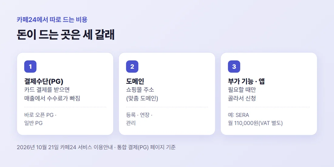 카페24에서 따로 드는 비용 세 가지 — 결제수단(PG), 도메인, 부가 기능·앱