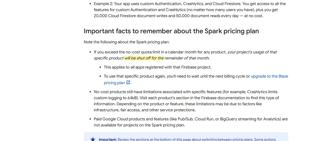Firebase 요금제 문서 화면 — Spark 플랜에서 한 달 무료 한도를 넘으면 그 제품 사용이 그달 남은 기간 꺼진다는 문장에 형광 표시