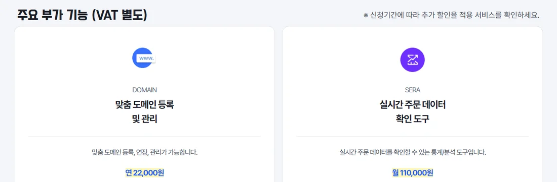 카페24 서비스 이용안내 주요 부가 기능(VAT 별도) 화면, 맞춤 도메인 등록 및 관리 연 22,000원, 실시간 주문 데이터 확인 도구 SERA 월 110,000원