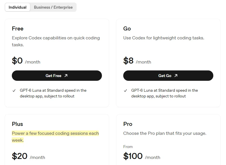 OpenAI 공식 코덱스 요금 문서 화면 — Free 월 $0, Go 월 $8, Plus 월 $20, Pro 월 $100부터, Plus 설명에 Power a few focused coding sessions each week