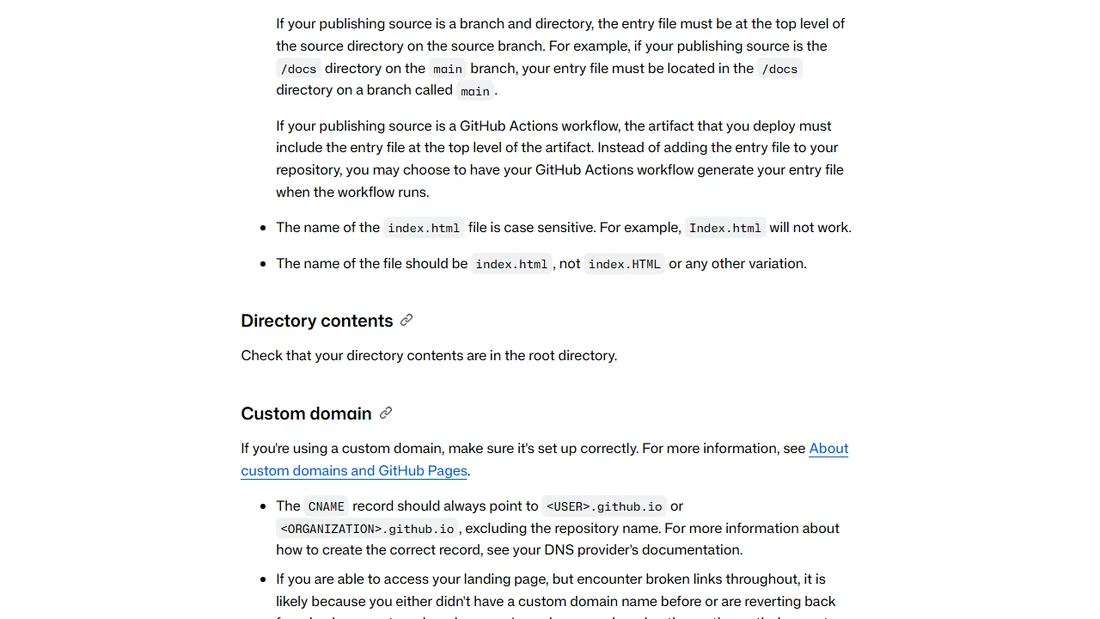 GitHub Docs 404 오류 문제 해결 문서의 index.html 파일 이름은 대소문자를 구분하며 Index.html은 작동하지 않는다는 부분