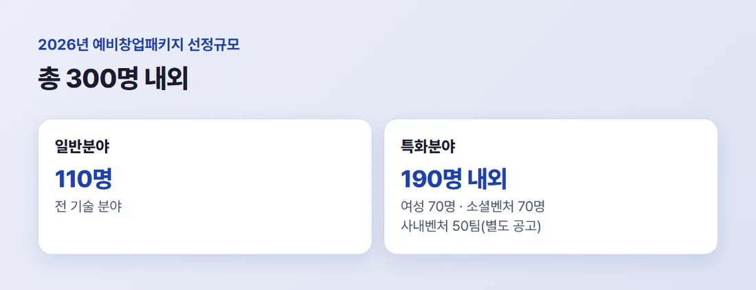 2026년 예비창업패키지 분야별 선정규모 — 일반분야 110명, 특화분야 여성 70명, 소셜벤처 70명, 사내벤처 50팀