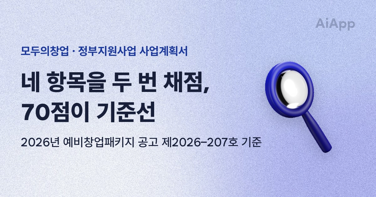 모두의창업 · 정부지원사업 사업계획서 네 항목을 두 번 채점, 70점이 기준선 2026년 예비창업패키지 공고 제2026–207호 기준