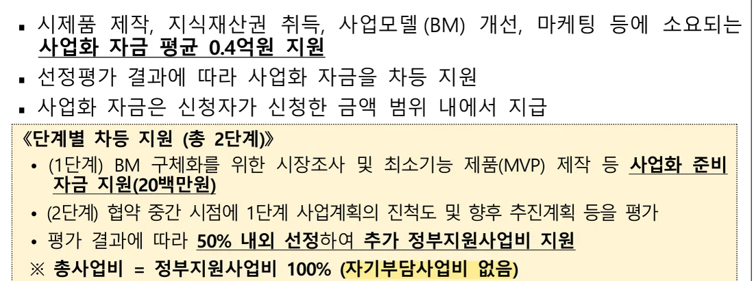 중소벤처기업부 공고 제2026-207호 2쪽 단계별 차등 지원과 「자기부담사업비 없음」 원문 (2026년 10월 21일 확인)