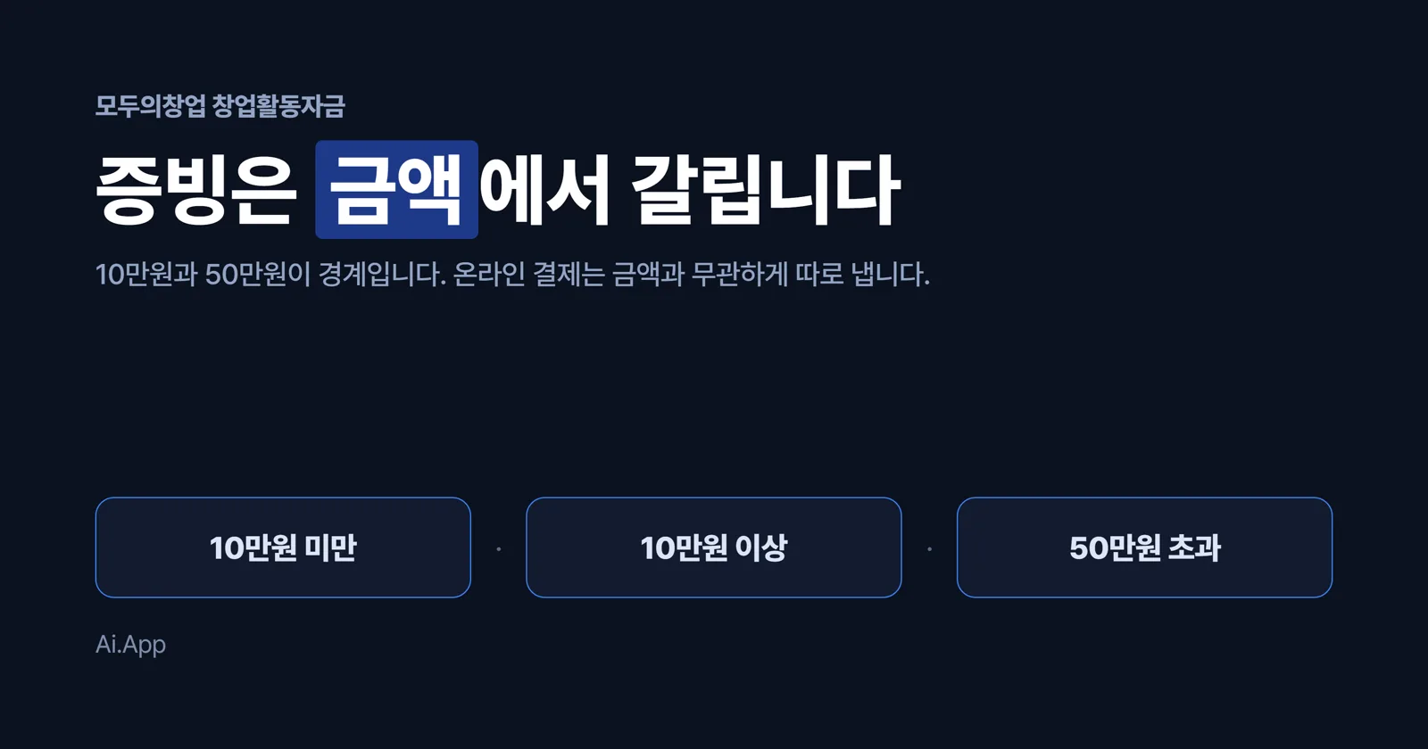 모두의창업 창업활동자금 증빙이 10만원 미만, 10만원 이상, 50만원 초과 세 구간으로 갈린다는 표지