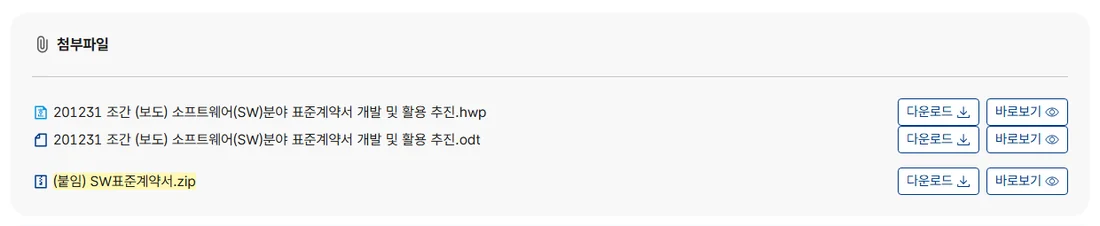 과학기술정보통신부 소프트웨어분야 표준계약서 게시물의 첨부파일 목록 화면, 붙임 SW표준계약서.zip