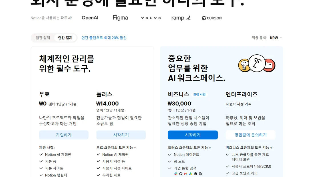 Notion 요금제 페이지 화면 — 연간 결제 기준 무료 ₩0, 플러스 ₩14,000, 비즈니스 ₩30,000 (2026년 10월 25일)