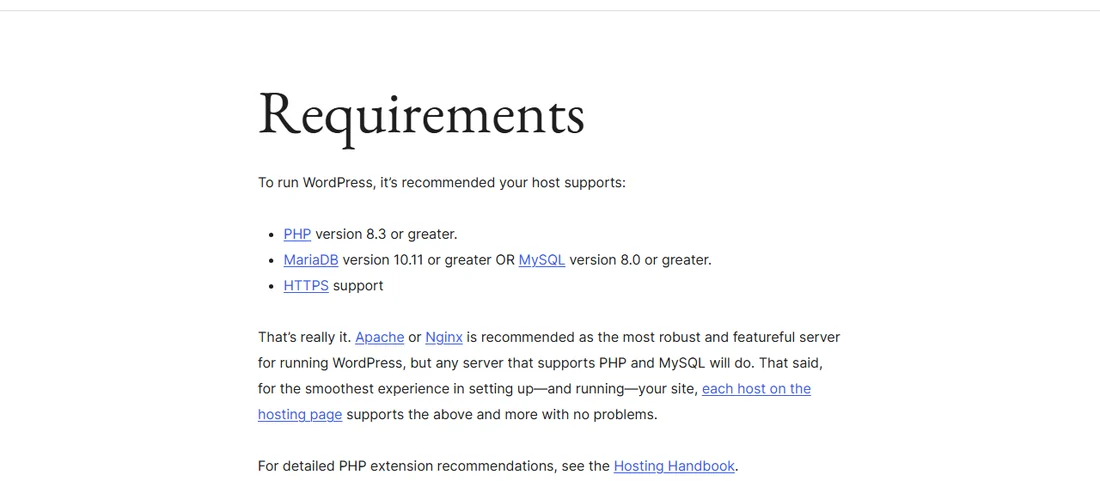 WordPress.org 요구사항 화면 — PHP 8.3 이상, MariaDB 10.11 이상 또는 MySQL 8.0 이상, HTTPS 지원 권장