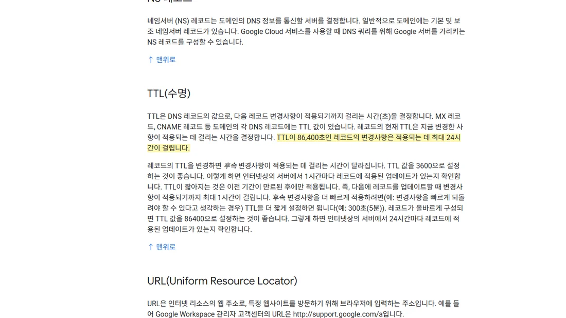 Google Workspace 관리자 고객센터 DNS 기본사항의 TTL(수명) 설명 화면 — TTL이 86,400초인 레코드의 변경사항은 최대 24시간이 걸린다는 문장 강조