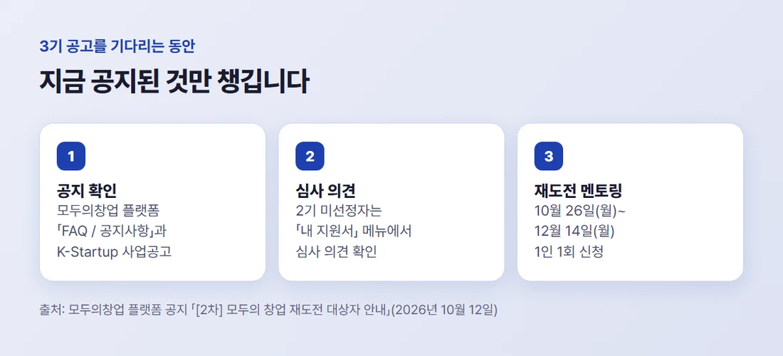 3기 공고를 기다리는 동안 챙길 것 — 공지 확인, 심사 의견 확인, 재도전 멘토링
