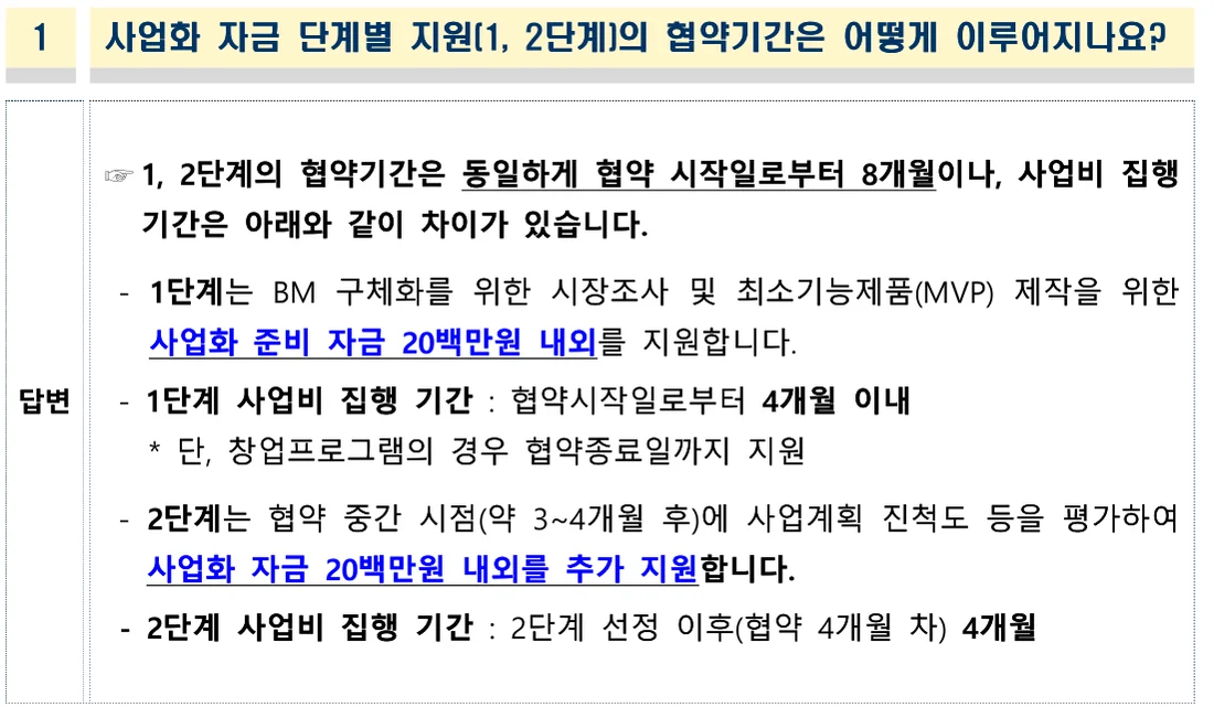 같은 공고 [별첨 4] 주요 질의응답(수정) 2쪽 — 1·2단계 협약기간과 사업비 집행 기간 (2026년 10월 21일 확인)