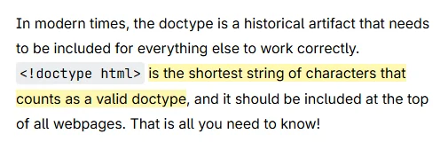 MDN 「Basic HTML syntax」 화면 — doctype 설명 (2026년 10월 21일)