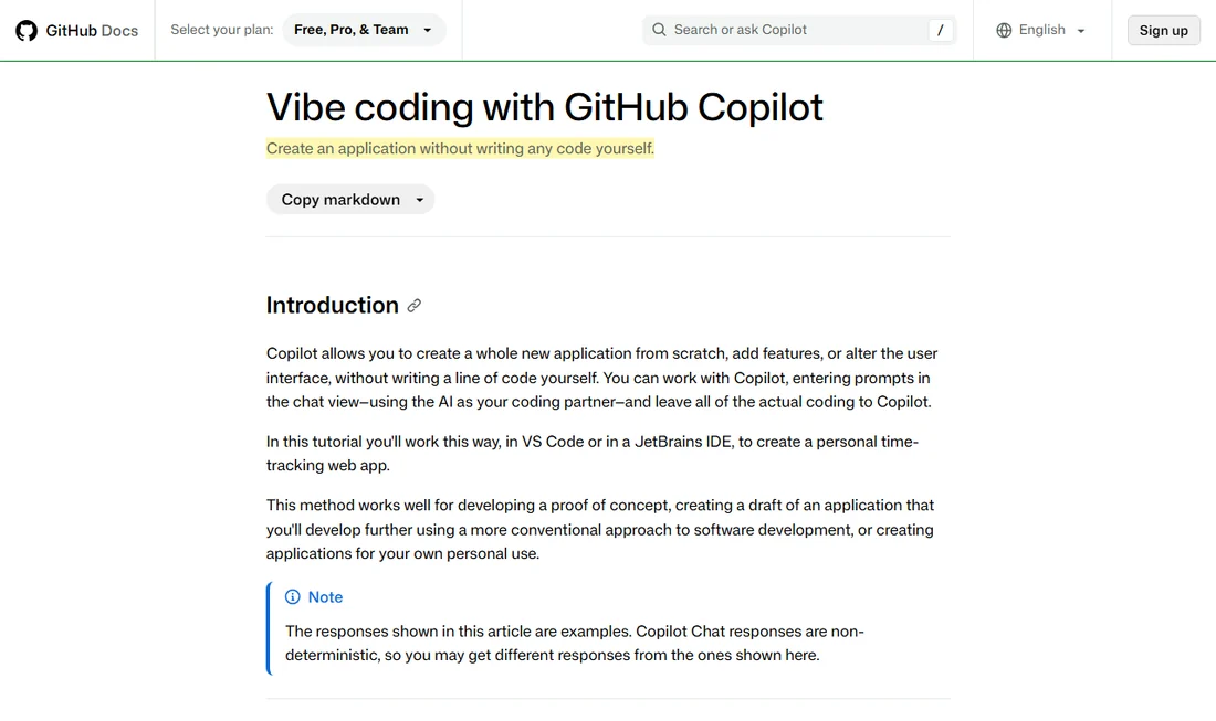 GitHub 공식 문서 「Vibe coding with GitHub Copilot」 첫 화면 — 코드를 직접 쓰지 않고 앱을 만든다는 부제