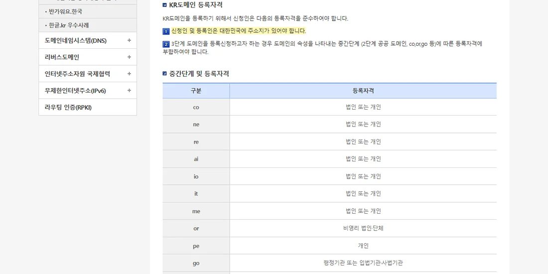 한국인터넷진흥원 .kr 도메인 안내 화면 — KR도메인 등록자격과 중간단계별 등록자격 표