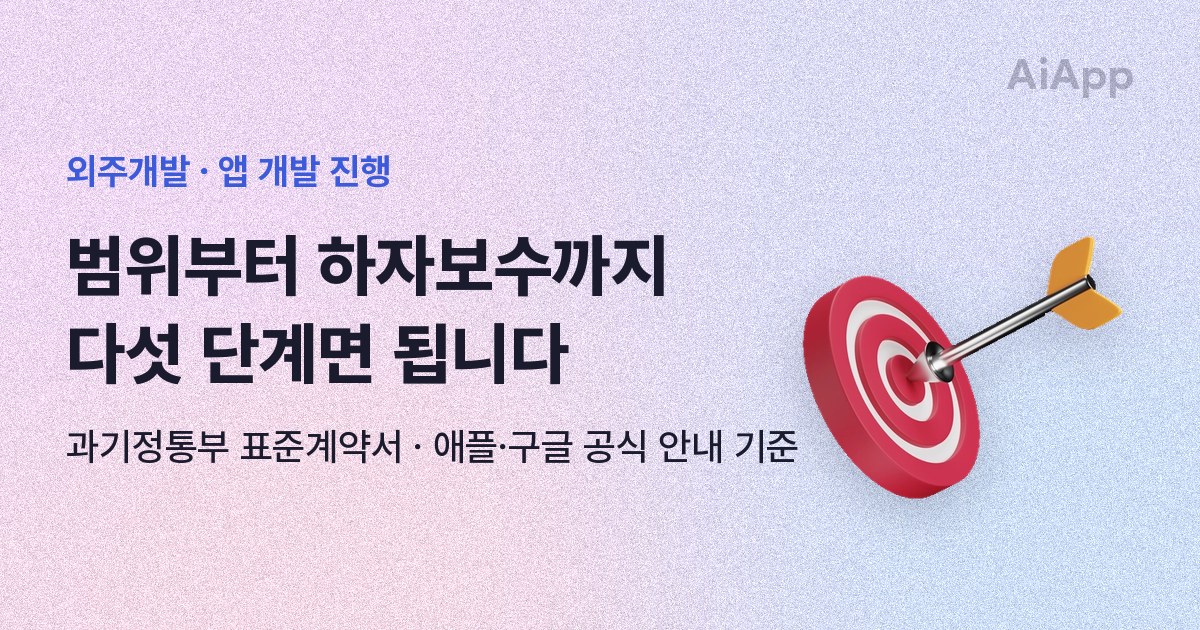 외주개발 · 앱 개발 진행 범위부터 하자보수까지 다섯 단계면 됩니다 과기정통부 표준계약서 · 애플·구글 공식 안내 기준