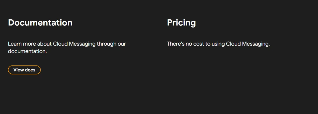 Firebase Cloud Messaging 제품 소개 화면의 Pricing 칸 — There's no cost to using Cloud Messaging