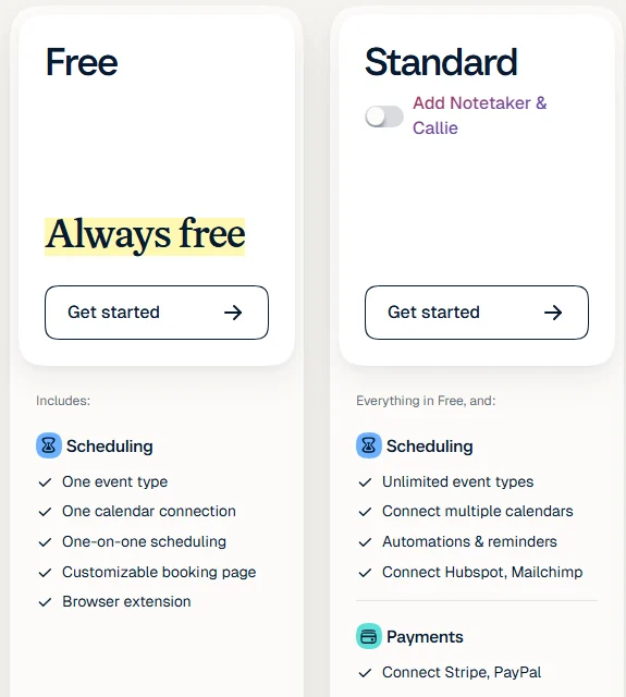 Calendly 공식 요금 페이지의 Free 칸(왼쪽)과 Standard 칸(오른쪽) 화면 (2026년 10월 25일)