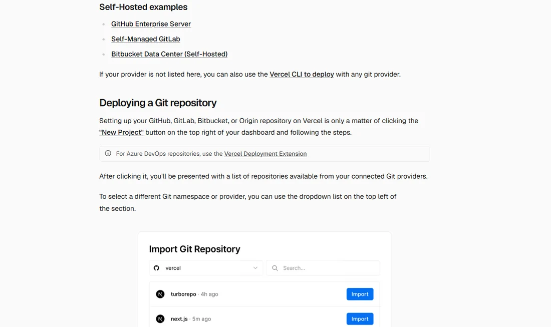 Vercel 문서 Deploying a Git repository 부분 — New Project 버튼 안내와 Import Git Repository 저장소 목록 예시 그림