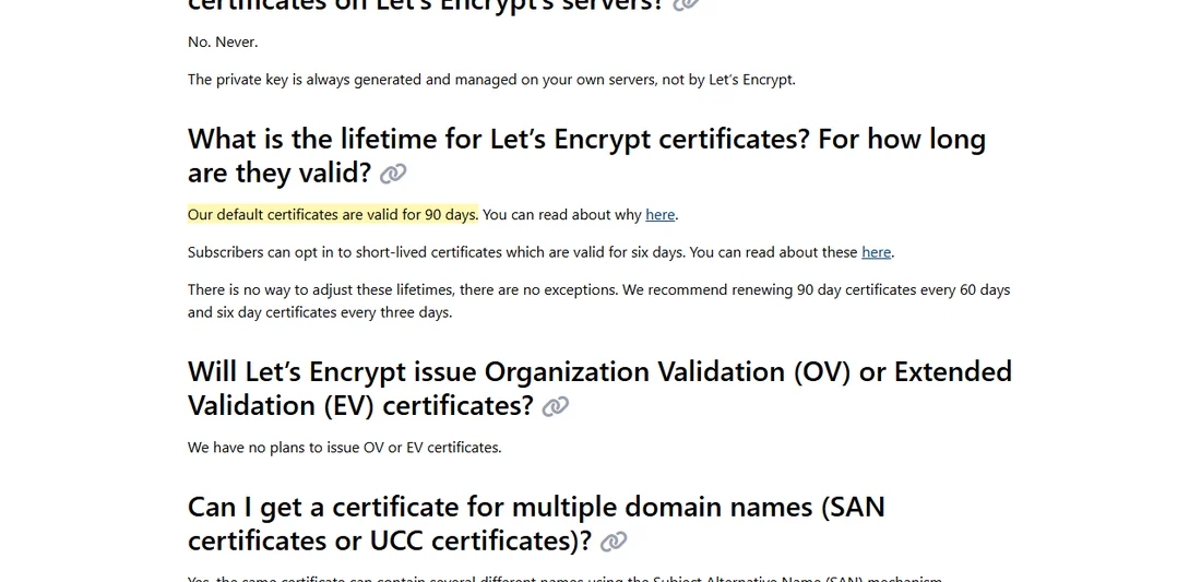 Let's Encrypt FAQ 화면 — 기본 인증서 유효기간 90일, 60일마다 갱신 권장, OV·EV 발급 계획 없음