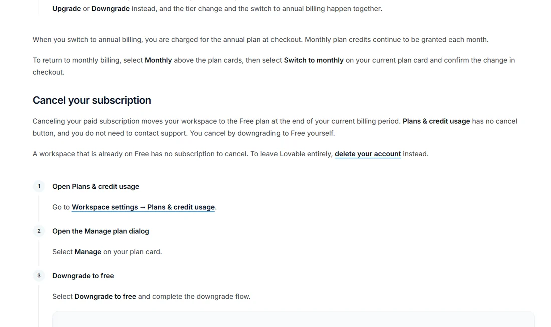 러버블 공식 문서 Cancel your subscription 화면 — Plans & credit usage, Manage, Downgrade to free 세 단계