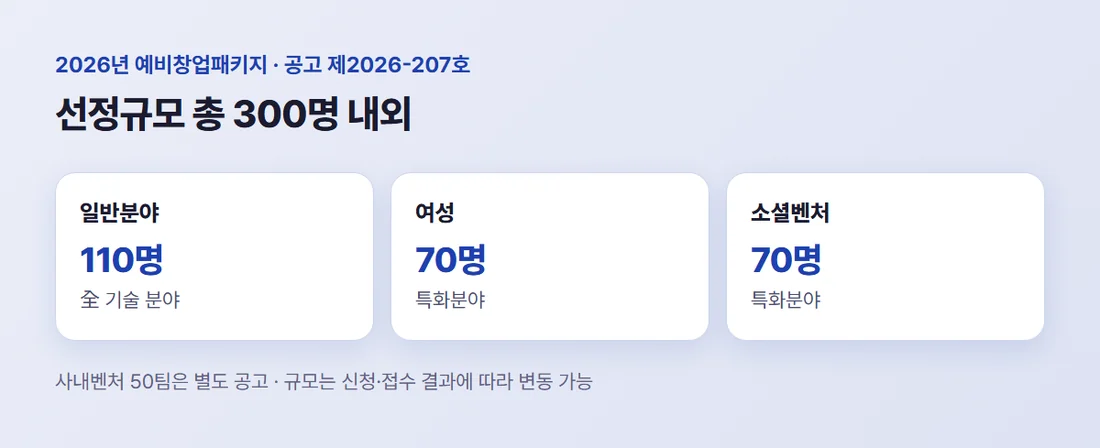 2026년 예비창업패키지 분야별 선정 규모 — 일반 110명, 여성 70명, 소셜벤처 70명, 사내벤처 50팀은 별도 공고