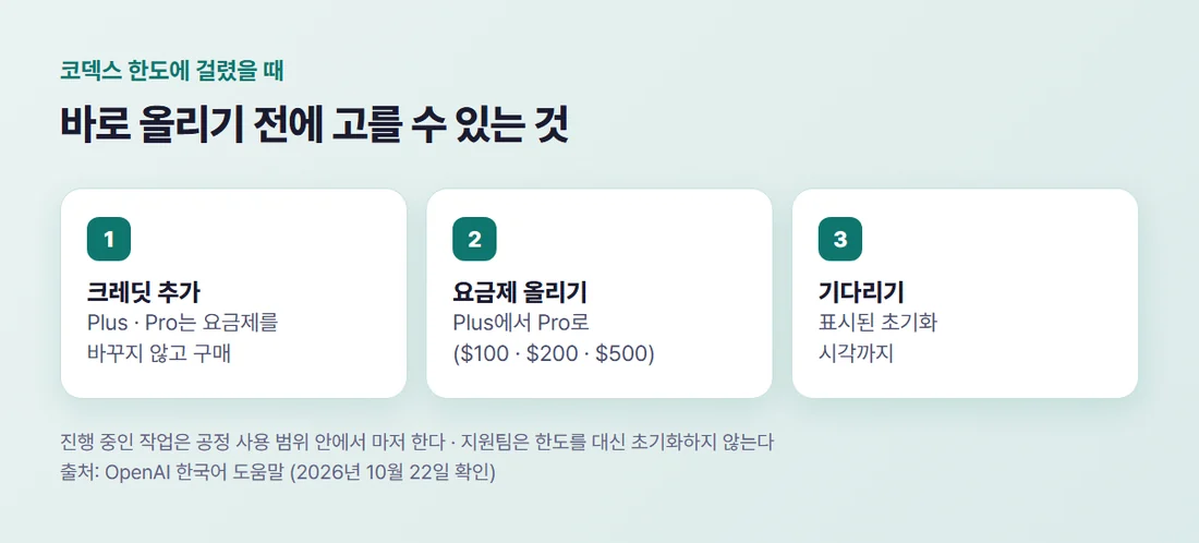 코덱스 한도에 걸렸을 때 고를 수 있는 것 — 크레딧 추가, 요금제 올리기, 초기화 시각까지 기다리기